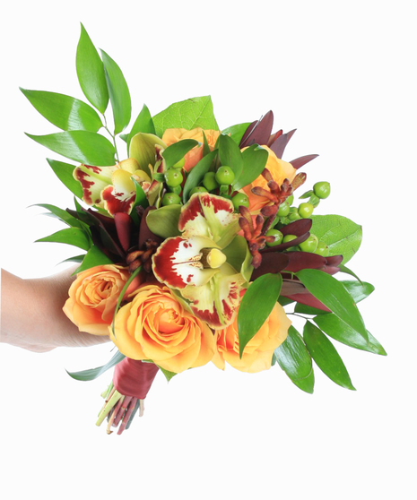 This gorgeous, sunset inspired hand-tied bouquet featuring cherry brandy roses and cymbidium orchids will dazzle and make a unique accessory for any special event. 